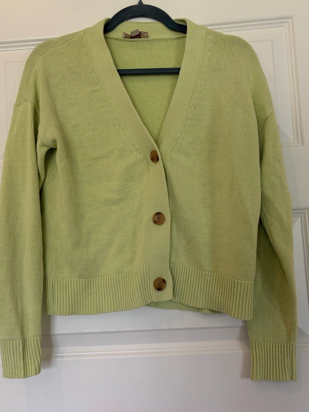 Loft Lime Green V-Neck Button Front Women's Cardigan Sweater 100% Cotton